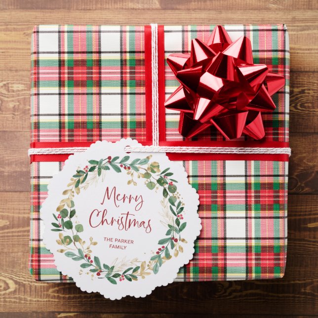 Modern Wreath and Script | Merry Christmas Ornament Card (Insitu (Gift))