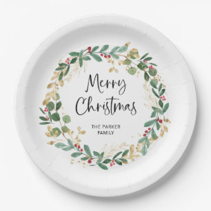 Modern Wreath and Script   Merry Christmas Paper Plate