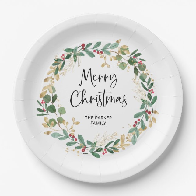Modern Wreath and Script | Merry Christmas Paper Plate (Front)