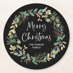 Modern Wreath and Script   Merry Christmas Round Paper Coaster