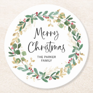 Modern Wreath and Script   Merry Christmas Round Paper Coaster