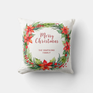 Modern Wreath and Script Merry Christmas Throw Pillow