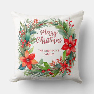 Modern Wreath and Script Merry Christmas Throw Pillow