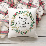 Modern Wreath and Script | Merry Christmas Throw Pillow<br><div class="desc">This simple and stylish holiday pillow features a stunning watercolor wreath with green and faux gold leaves and red holly berries,  and black modern script typography that says "Merry Christmas" on a white background.</div>