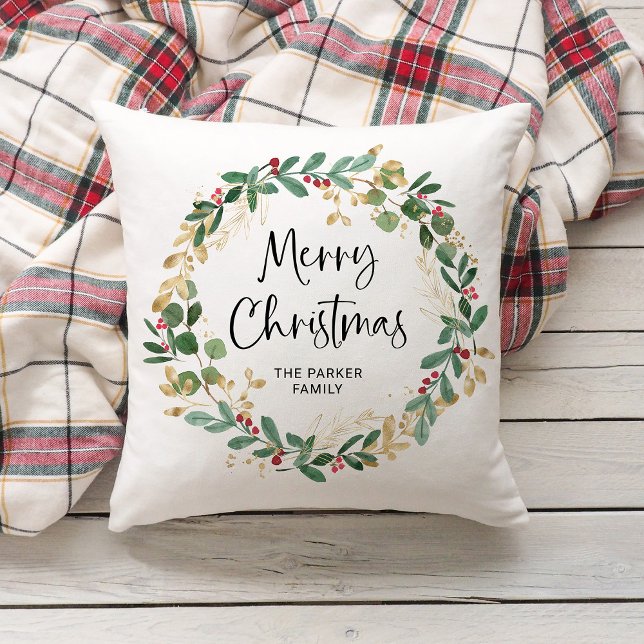 Modern Wreath and Script | Merry Christmas Throw Pillow (Creator Uploaded)