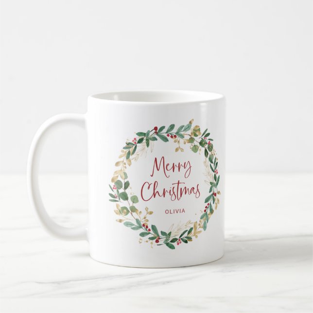 Modern Wreath and Script | Red Merry Christmas Coffee Mug (Left)