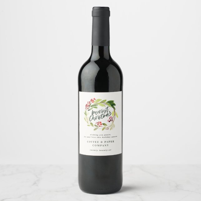 Modern wreath botanical corporate merry christmas wine label (Front)