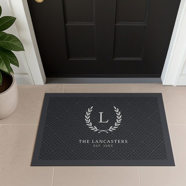 Modern Wreath Family Name Initial Monogram Welcome Doormat (Creator Uploaded)