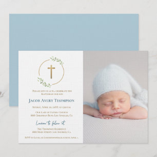 Modern Wreath Gold Cross Baby baptism Photo Blue Invitation