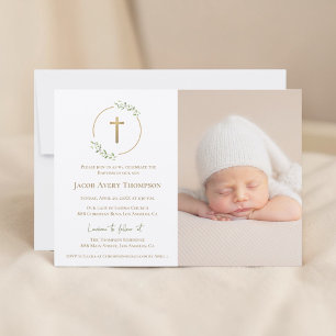 Modern Wreath Gold Cross Baby baptism Photo green Invitation