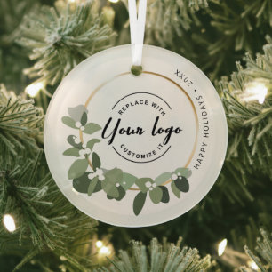 Modern Wreath Happy Holidays Custom Logo Ornament