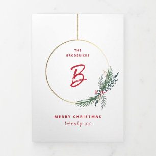 Modern wreath holiday swag Christmas photo Tri-Fold Card