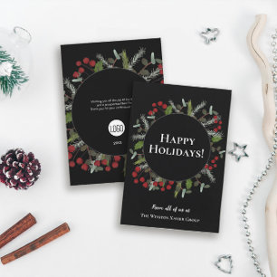 Modern Wreath Holly Corporate with logo Holiday Card