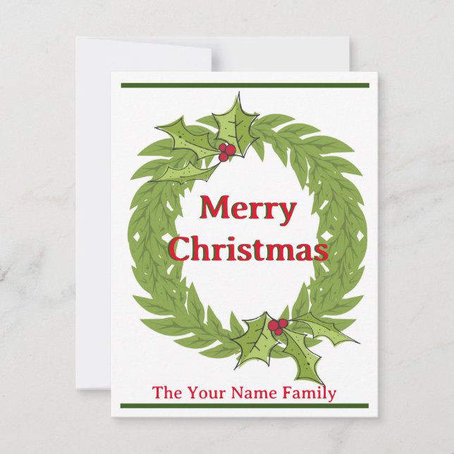 Modern Wreath Merry Christmas Card Green Red (Front)