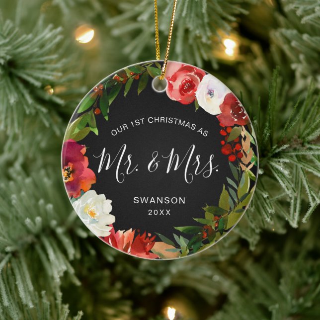 Modern Wreath Photo Newlywed First Christmas Ceramic Ornament (Tree)