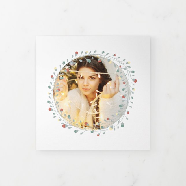 Modern Wreath Photo Personalized Christmas Tri-Fold Holiday Card (Cover)