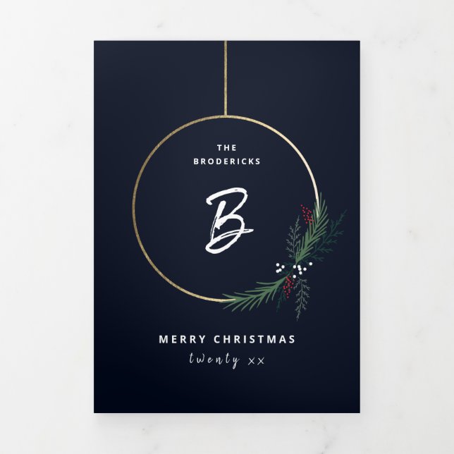 Modern Wreath Script Holiday Christmas Tri-Fold Card (Cover)