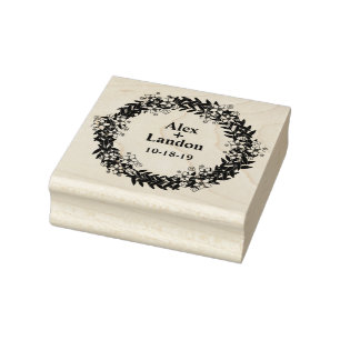Modern Wreath Twigs and Flowers Design Rubber Stamp