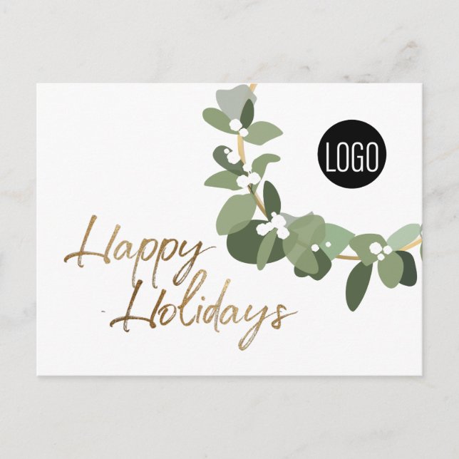 Modern Wreath Your Logo gold Happy Holidays  Holiday Postcard (Front)