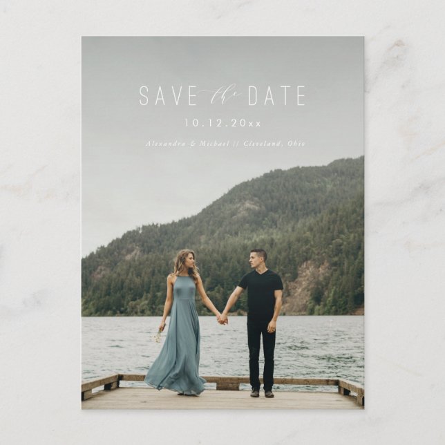 Modern Writing Save the Date Postcard White (Front)