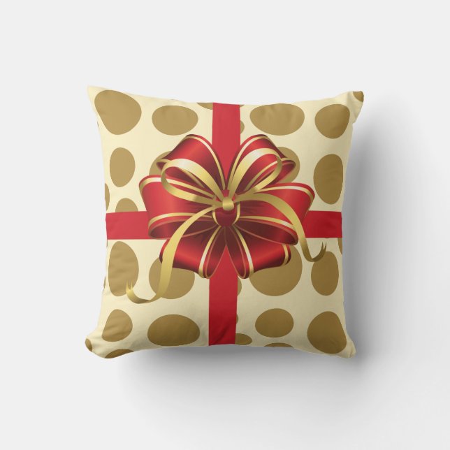 Modern Xmas Pillow, Cream & Gold Polka Dots w/ Bow Throw Pillow (Front)