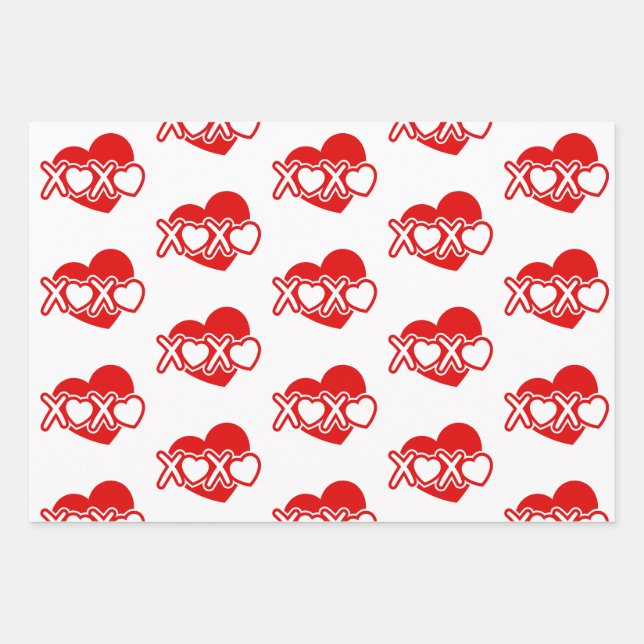 Modern XOXO Red Heart Pattern Wrapping Paper Sheet (Front)