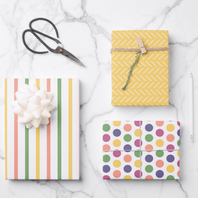 Modern Yello, Green, Orange Stripes and Polka Dot Wrapping Paper Sheet (Front)