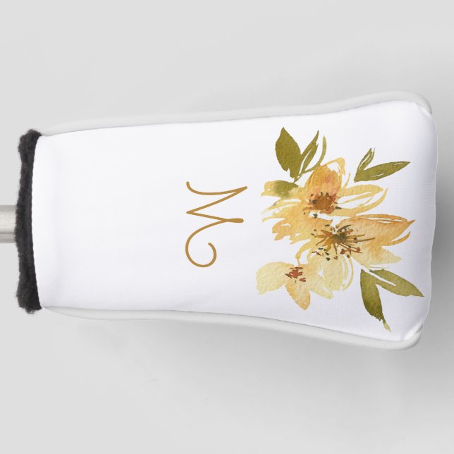 Modern Yellow and Copper Floral Monogram Golf Head Cover (Front)