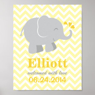 Modern Yellow and Gray Elephant Custom Monogram Poster