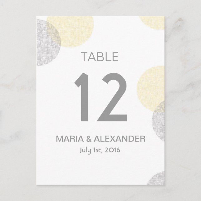 Modern yellow and grey Circle Wedding table number Postcard (Front)