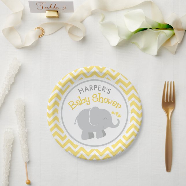Modern Yellow and Grey Elephant Baby Shower Paper Plate (Wedding)