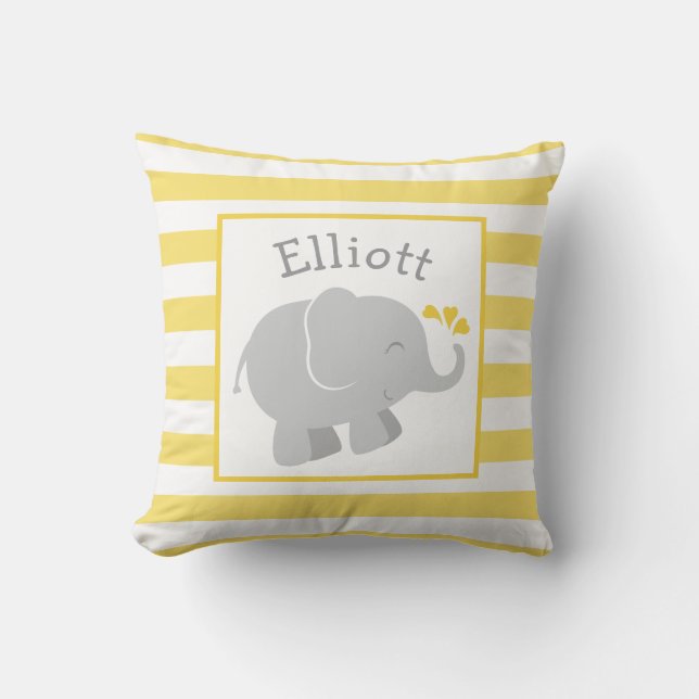 Modern Yellow and Grey Elephant Custom Monogram Throw Pillow (Front)