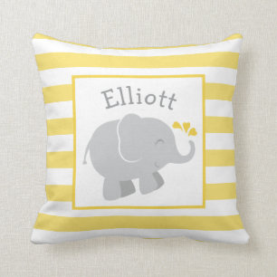 Modern Yellow and Grey Elephant Custom Monogram Throw Pillow