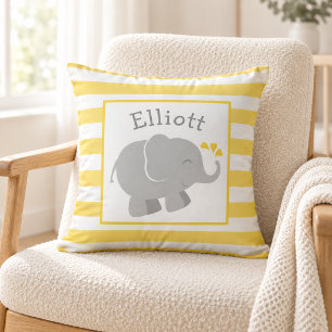 Modern Yellow and Grey Elephant Monogram Throw Pillow