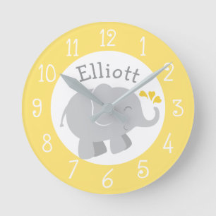 Modern Yellow and Grey Elephant Nursery Round Clock