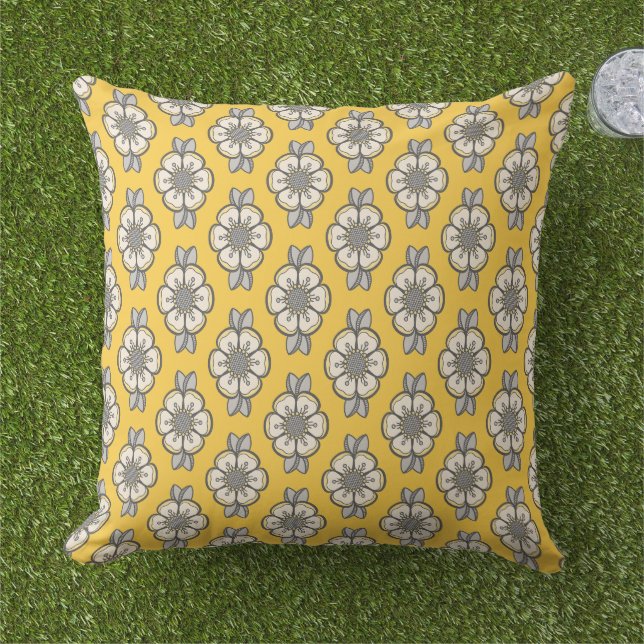Modern Yellow and Grey Flower  Outdoor Pillow (Grass)