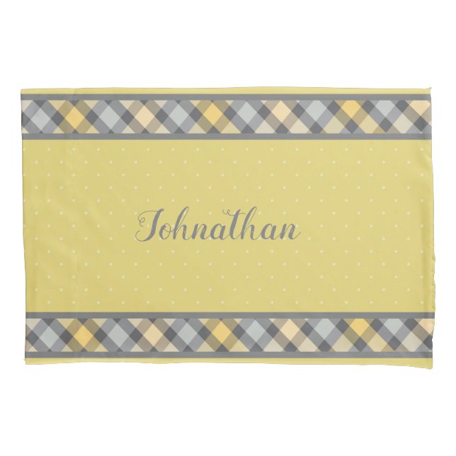 Modern Yellow and Grey Polka Dot and Plaid Pillowcase (Front)