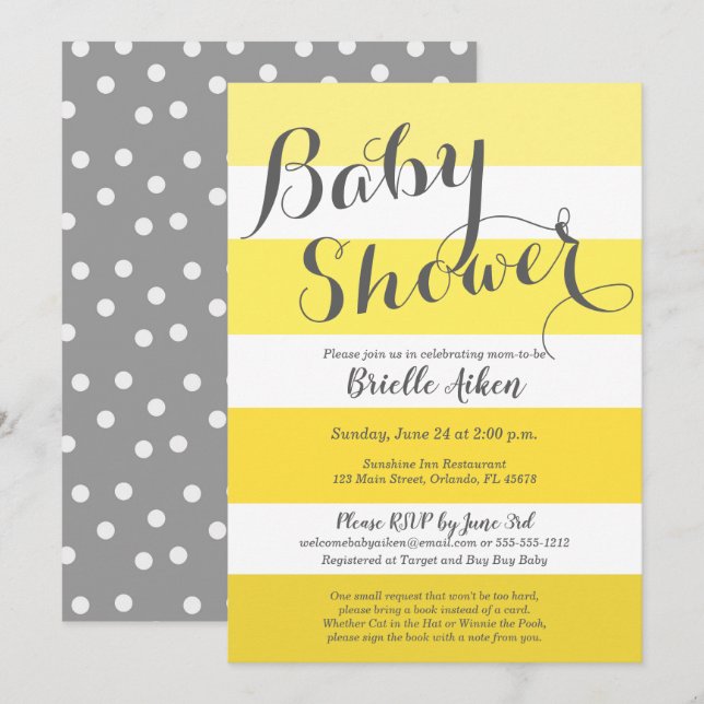 Modern Yellow and Grey Striped Invitation (Front/Back)