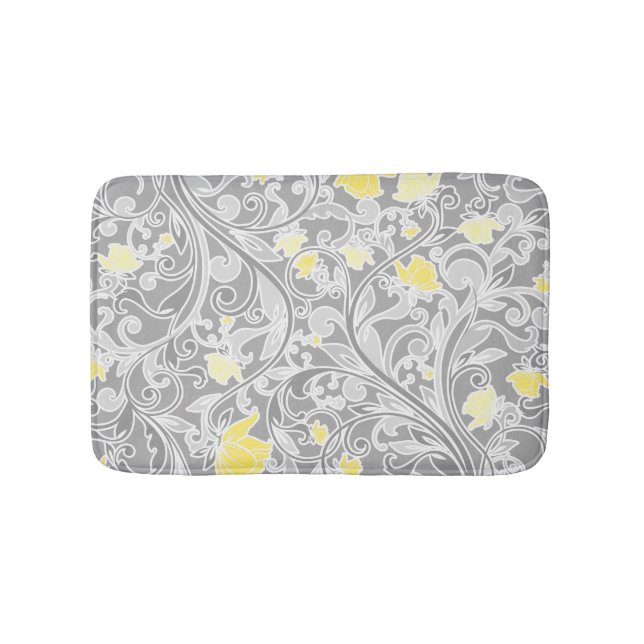Modern Yellow and Grey Swirly Floral Bath Mat (Front)