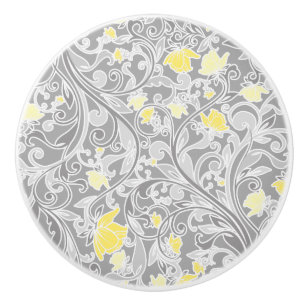 Modern Yellow and Grey Swirly Floral Ceramic Knob