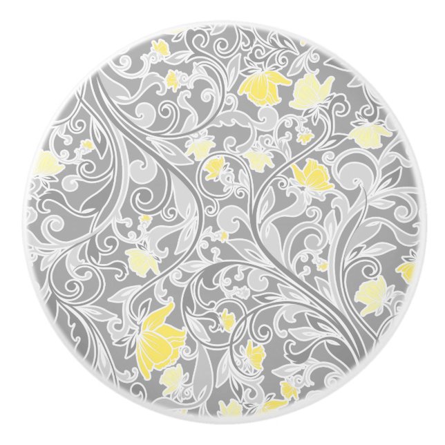 Modern Yellow and Grey Swirly Floral Ceramic Knob (Front)