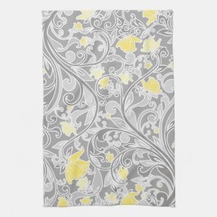 Modern Yellow and Grey Swirly Floral Kitchen Towel