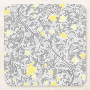 Modern Yellow and Grey Swirly Floral Square Paper Coaster