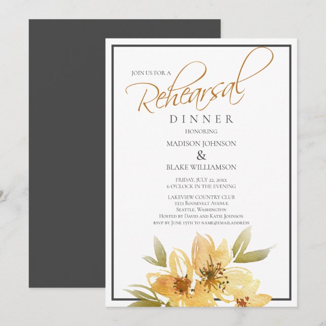 Modern Yellow and Grey Wedding Rehearsal Dinner Invitation (Front/Back)