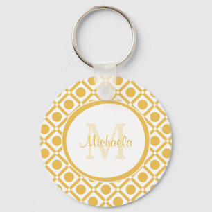 Modern Yellow and White Geometric Monogrammed Name Keychain
