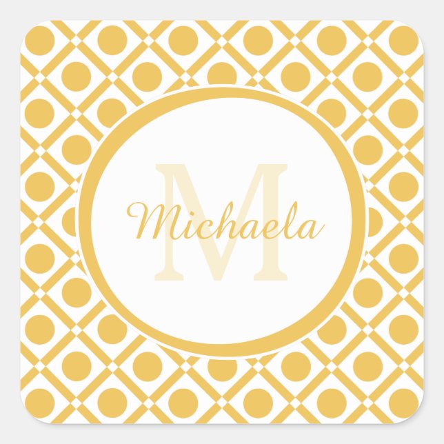 Modern Yellow and White Geometric Monogrammed Name Square Sticker (Front)