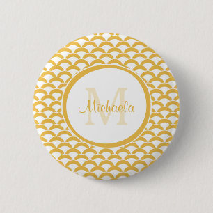 Modern Yellow and White Scallops Monogram and Name 2 Inch Round Button
