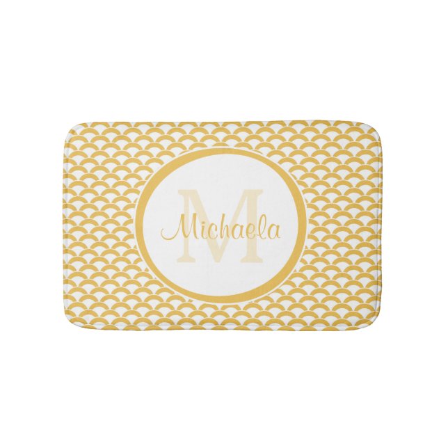 Modern Yellow and White Scallops Monogram and Name Bath Mat (Front)