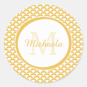 Modern Yellow and White Scallops Monogram and Name Classic Round Sticker