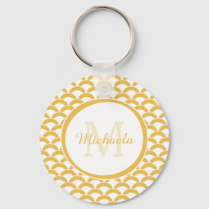 Modern Yellow and White Scallops Monogram and Name Keychain